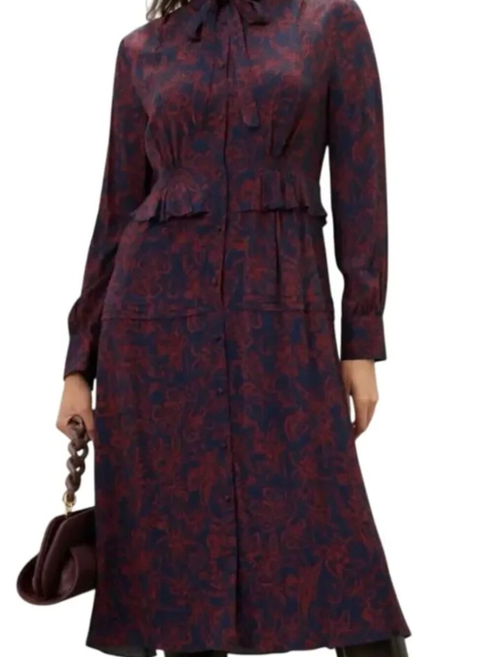 Jason Wu Navy Red Floral Tie Neck Long Sleeve Midi Shirt Dress Size 2